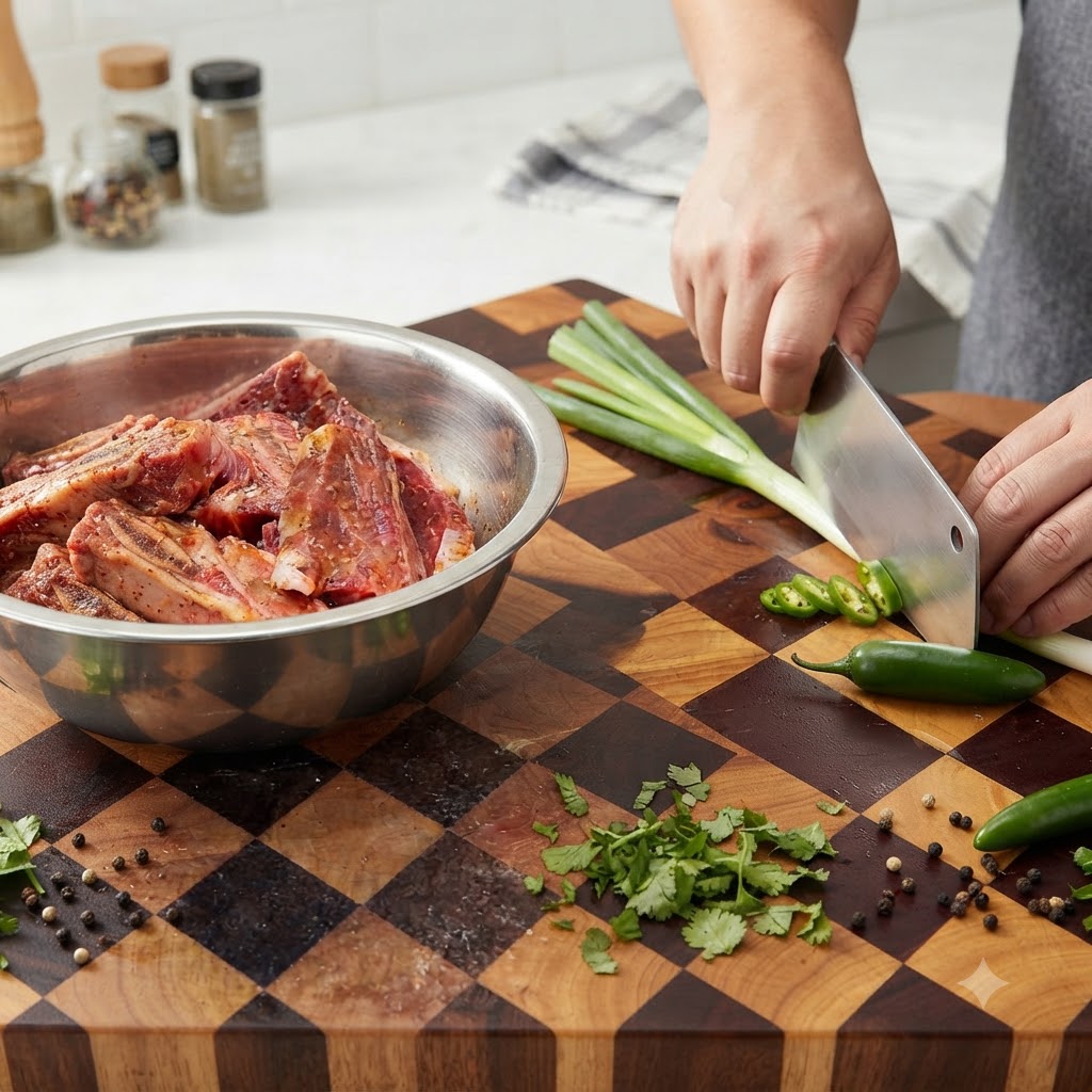 A person chopping scallions and peppers on a cutting board next to a bowl of raw beef.