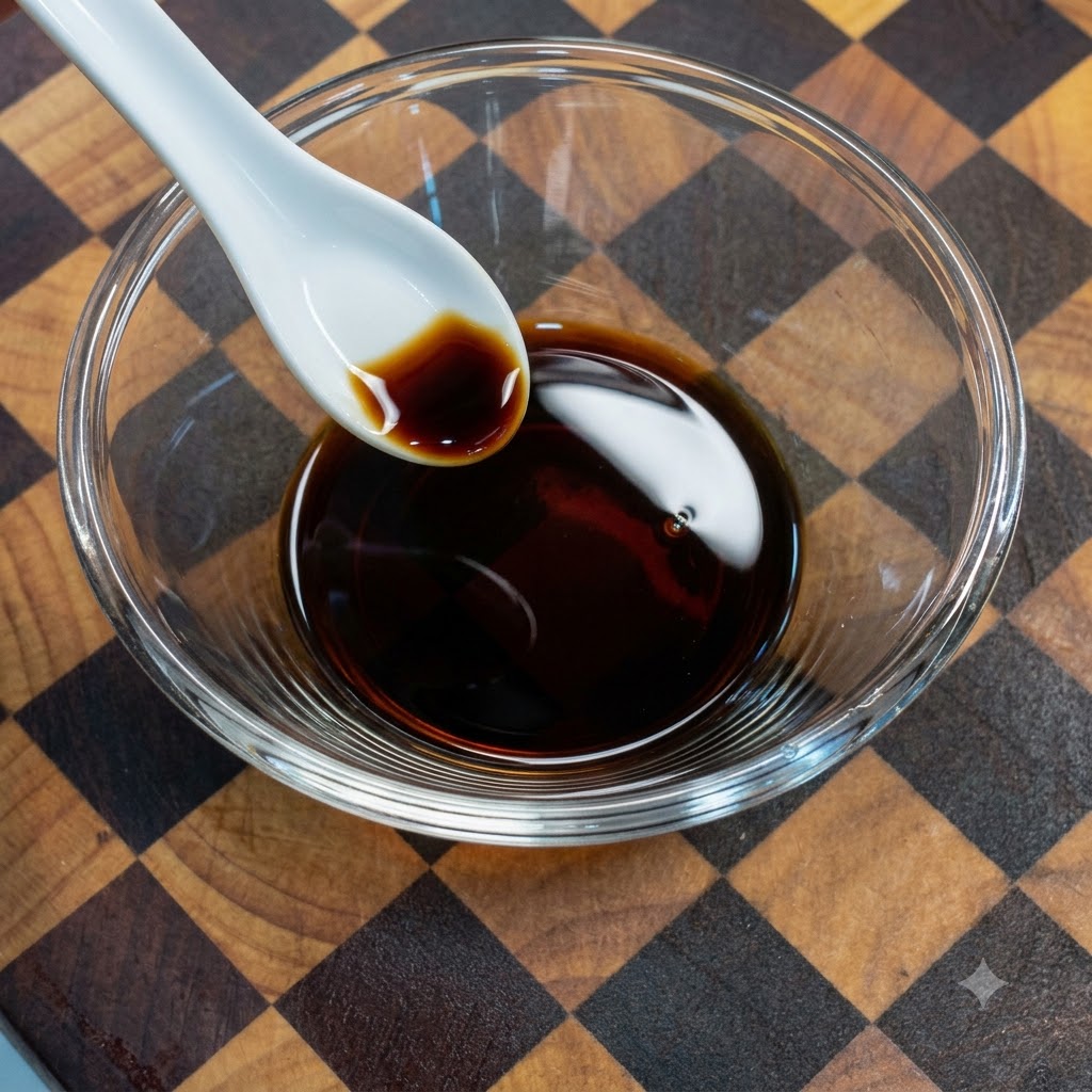 A glass bowl containing dark sauce with a white spoon scooping up a portion of the mixture.