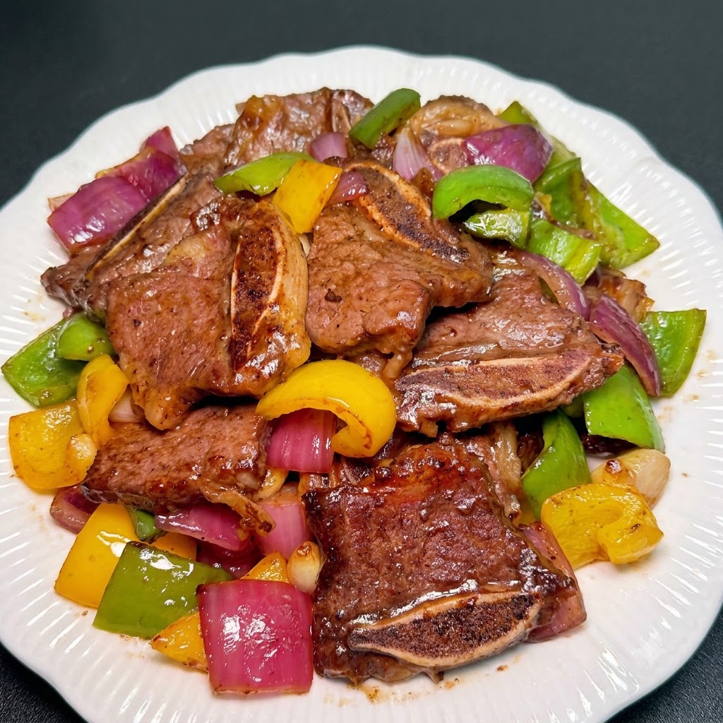 Finished black pepper beef short ribs served on a white decorative plate.