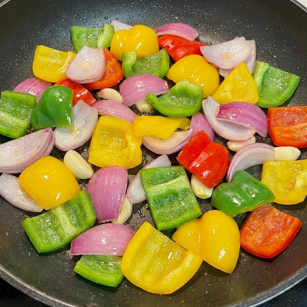 Chunks of green bell pepper, yellow bell pepper, and red onion mixed in a pan.