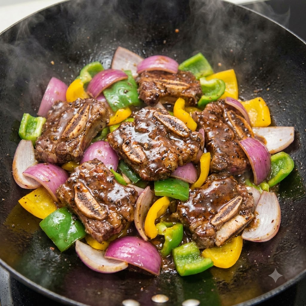 Black pepper sauce being poured over seared short ribs and mixed vegetables in a wok.