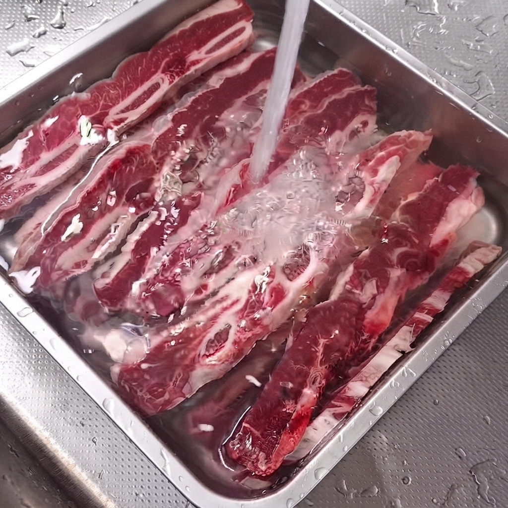 Raw LA Galbi ribs submerged in a stainless steel tray filled with water.