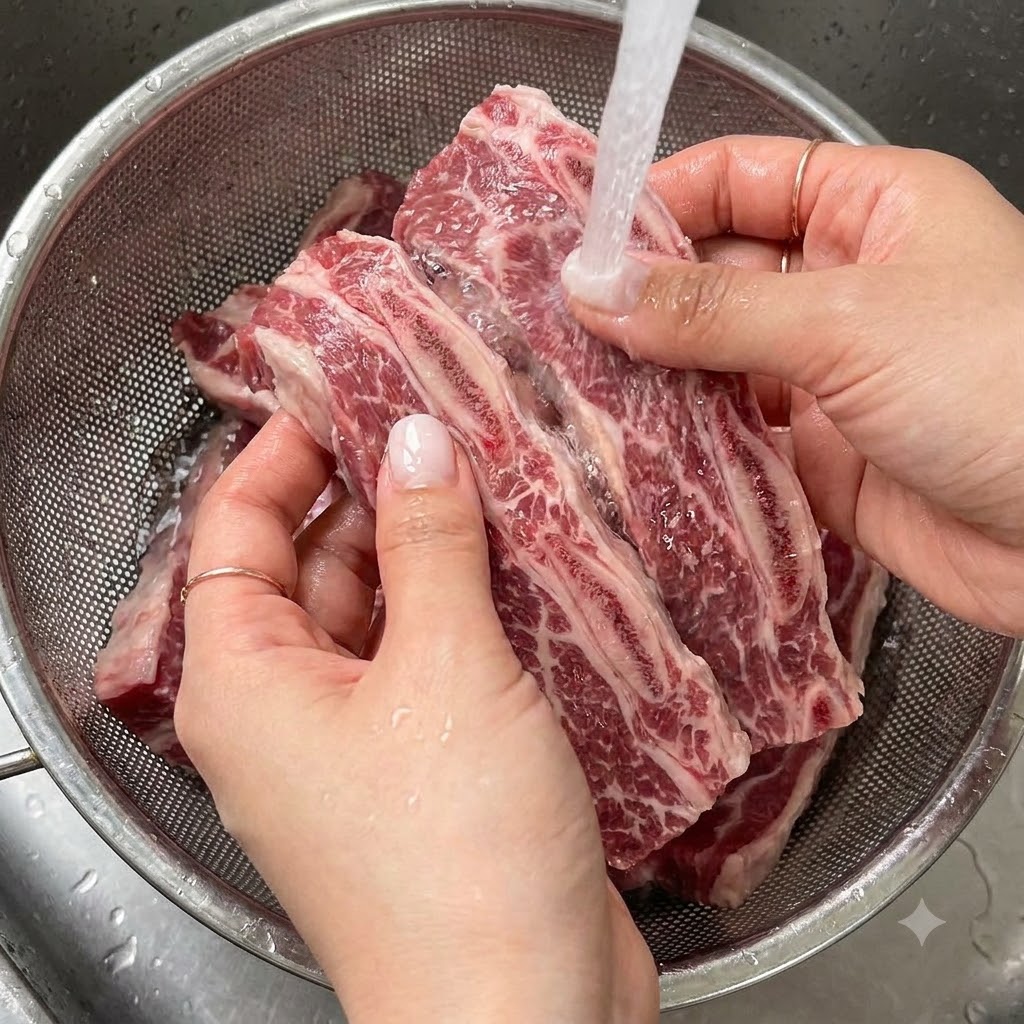 Fresh LA Galbi short ribs being rinsed under running tap water in a strainer basket.