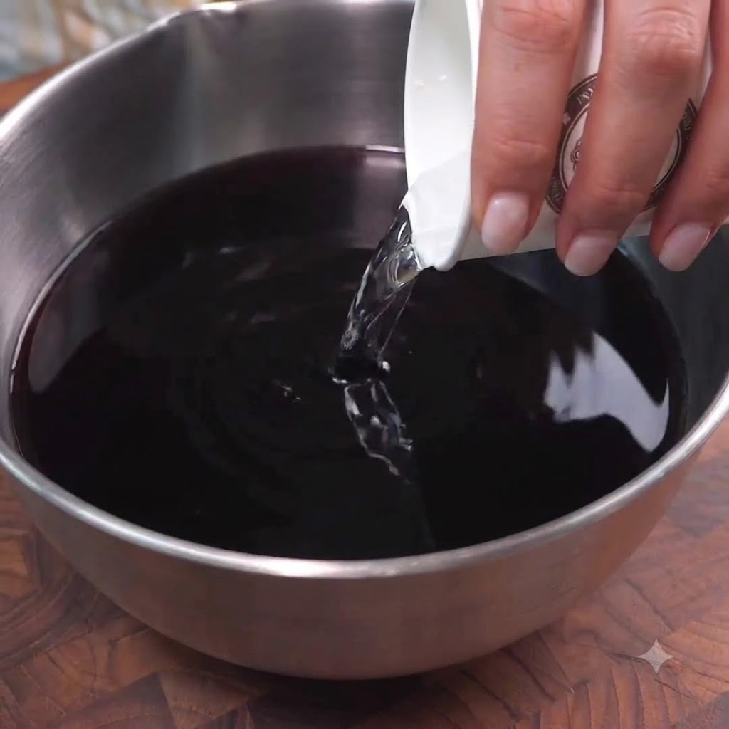 Water and dark soy sauce being poured from a paper cup into a large stainless steel mixing bowl.