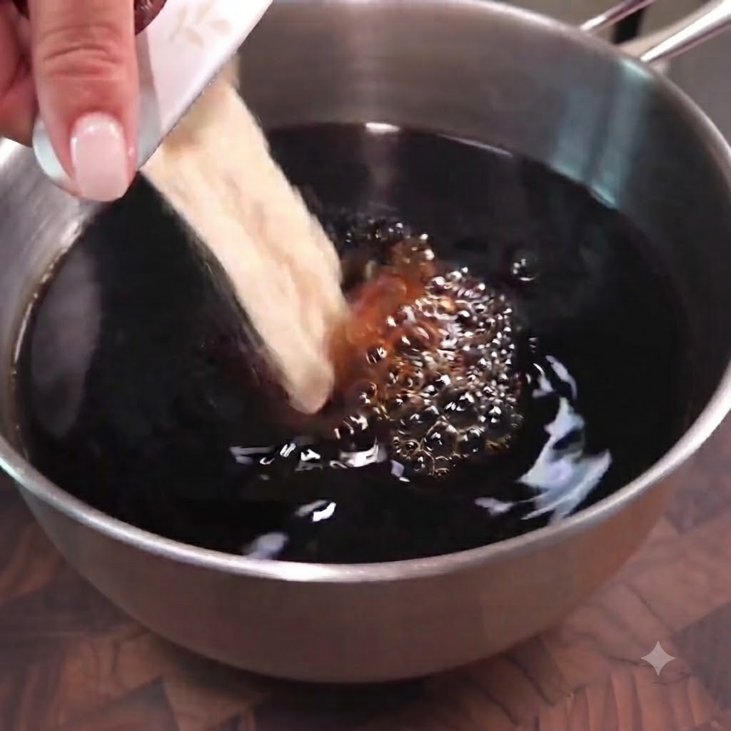 Sugar and rice wine being added into the marinade mixture inside a stainless steel pot.