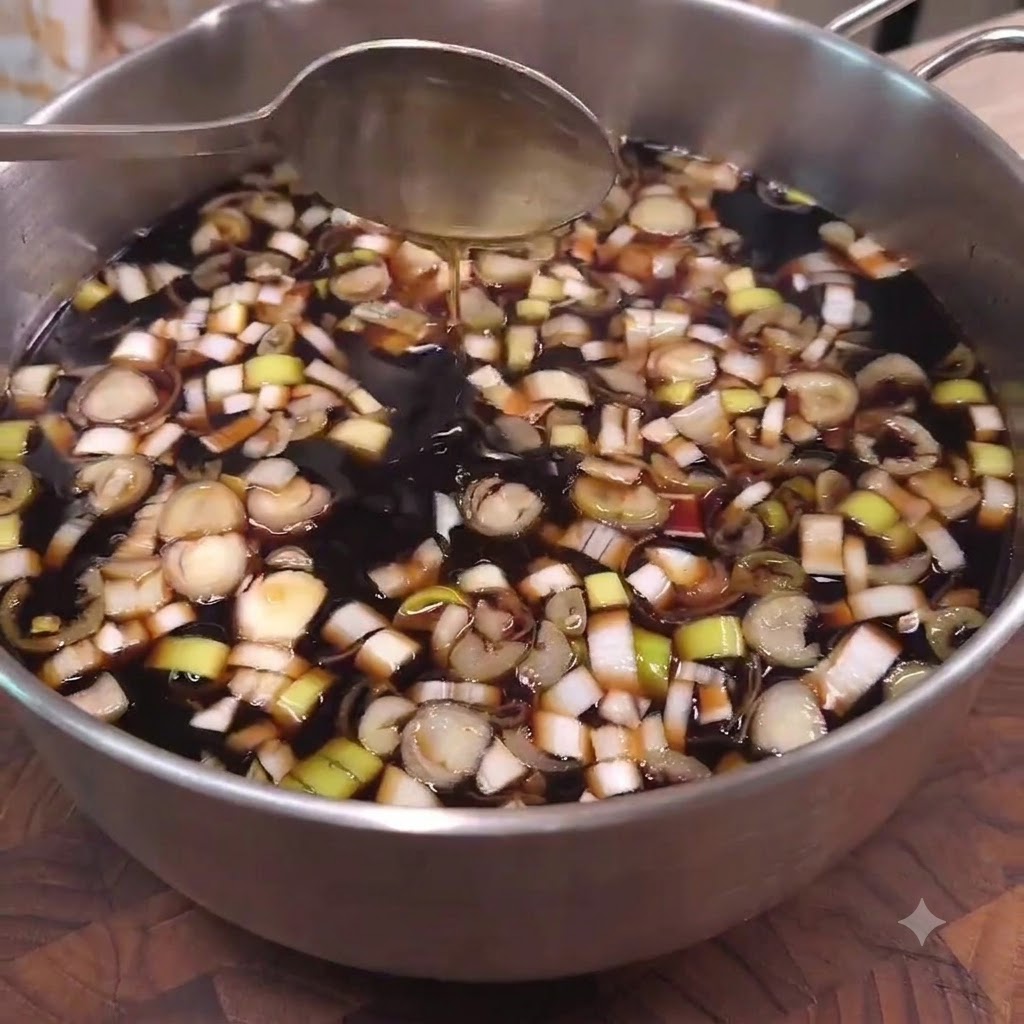 A spoon stirring a large batch of homemade LA Galbi marinade loaded with chopped green onions.