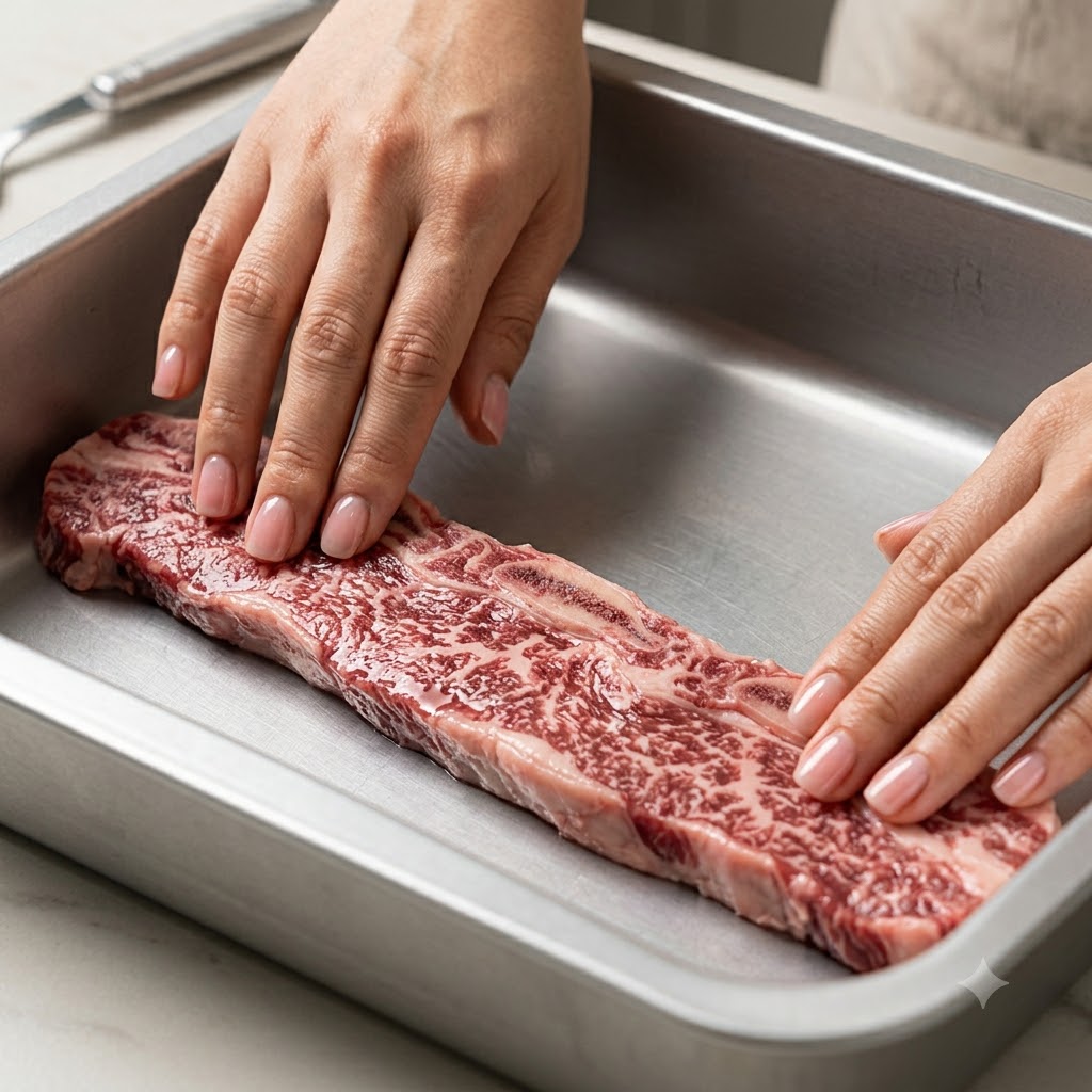 Raw beef short ribs being neatly arranged in a metal container.