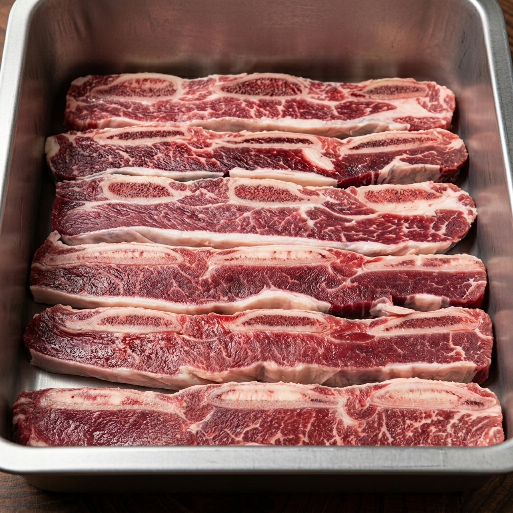 Beef ribs layered in a metal container with marinade poured over them.