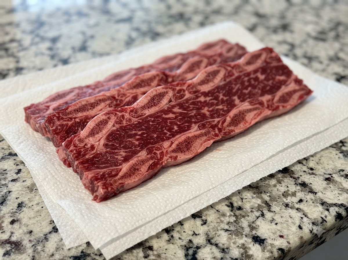 Fresh beef short ribs laid out on clean paper towels on a countertop surface.