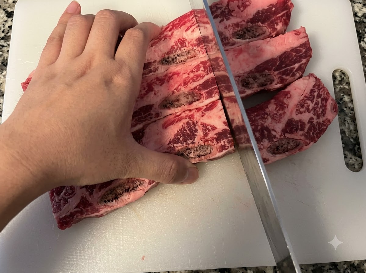 A hand holding a knife slicing raw beef short ribs on a white cutting board.