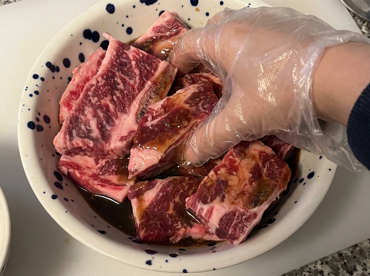 A gloved hand mixing and massaging raw beef short ribs with dark marinade in a bowl.