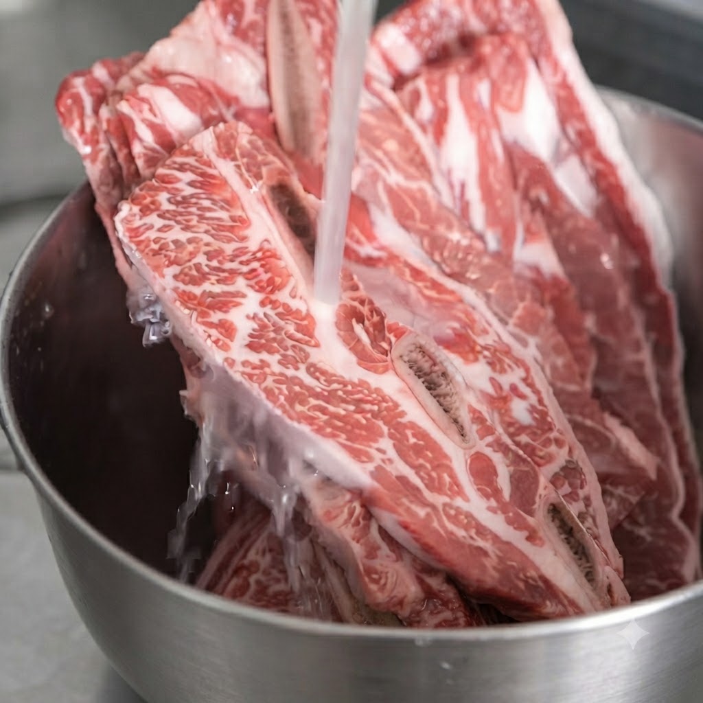 Raw LA short ribs soaking and being rinsed inside a large metal bowl under running water.