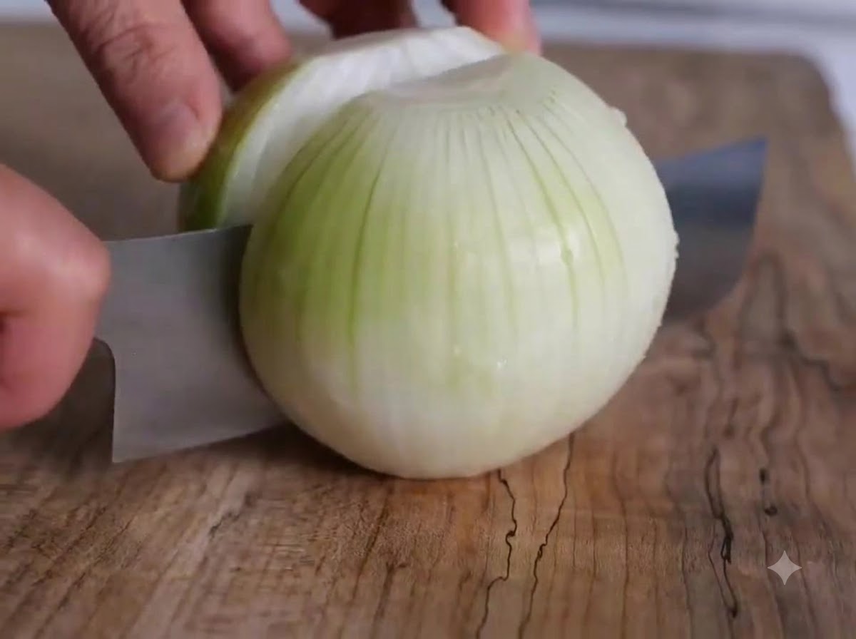 An onion and a pear being sliced with a knife on a wooden cutting board next to peeled garlic.