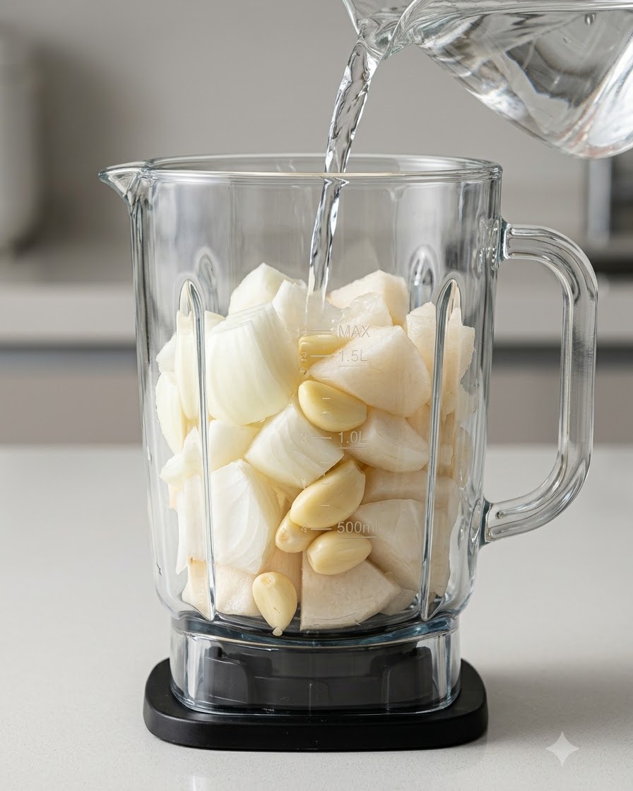 Chopped onion, pear, and garlic pieces being blended with water inside a clear glass blender.