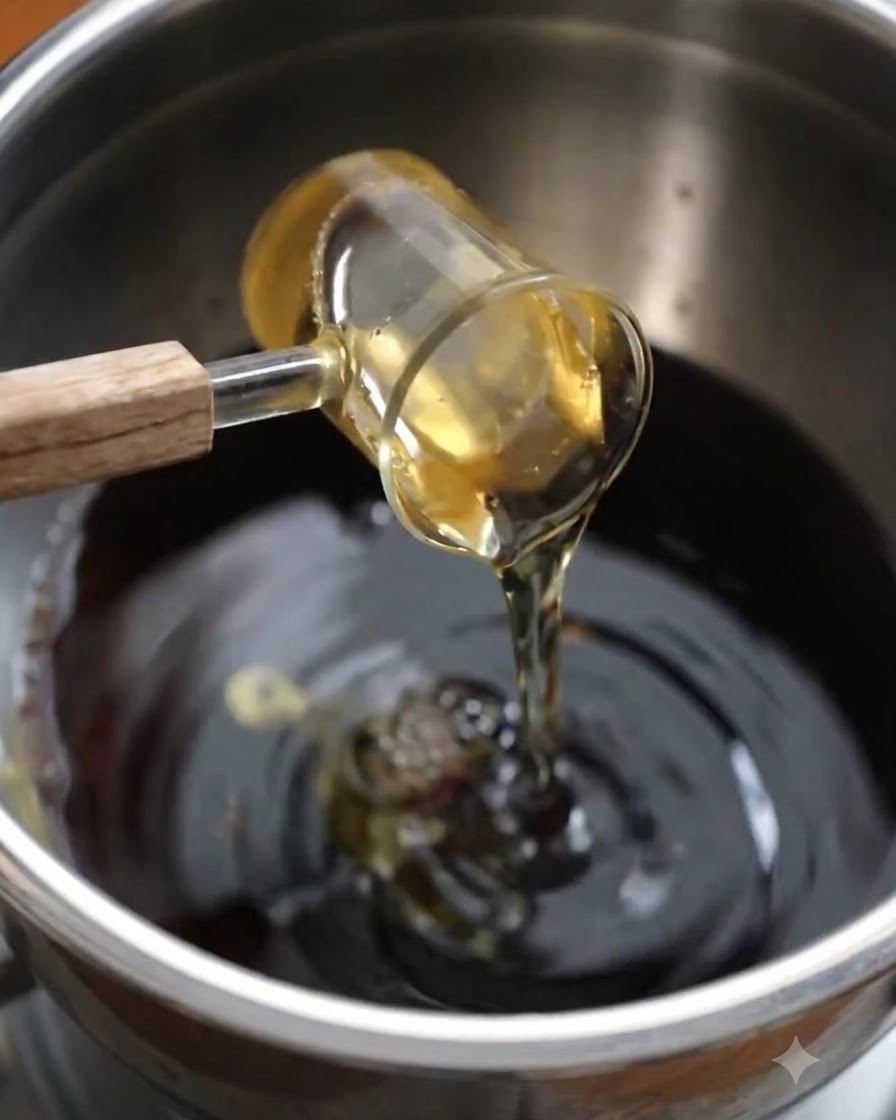 Sake, white sugar, and fruit juice being poured into the seasoned liquid mixture in a bowl.