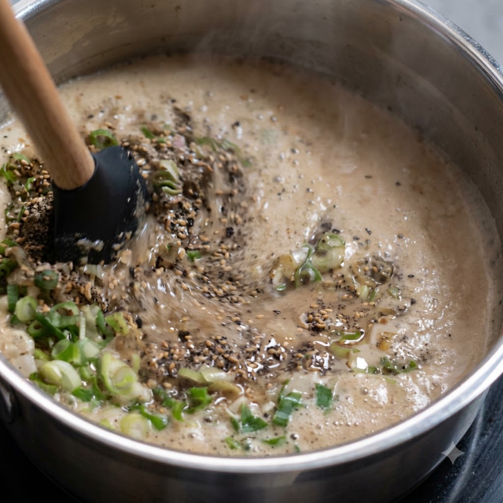 All the marinade ingredients being stirred together in a metal bowl with a spatula.
