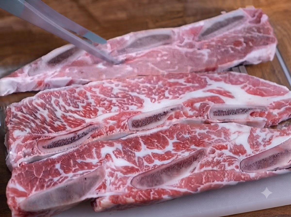 Prepared marinade juice being poured over raw beef short ribs in a glass container.