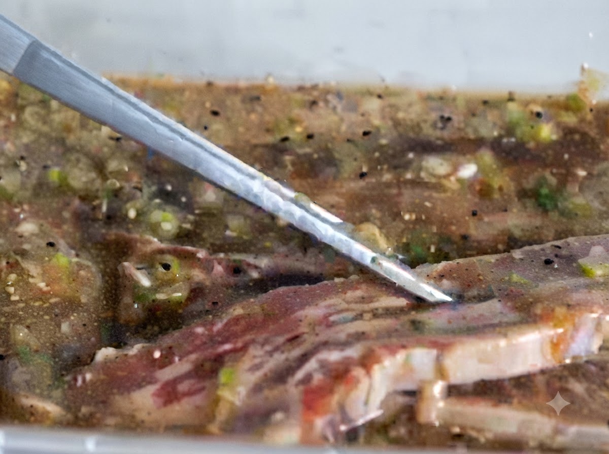 Marinated beef short ribs being placed into a heated pan to cook.