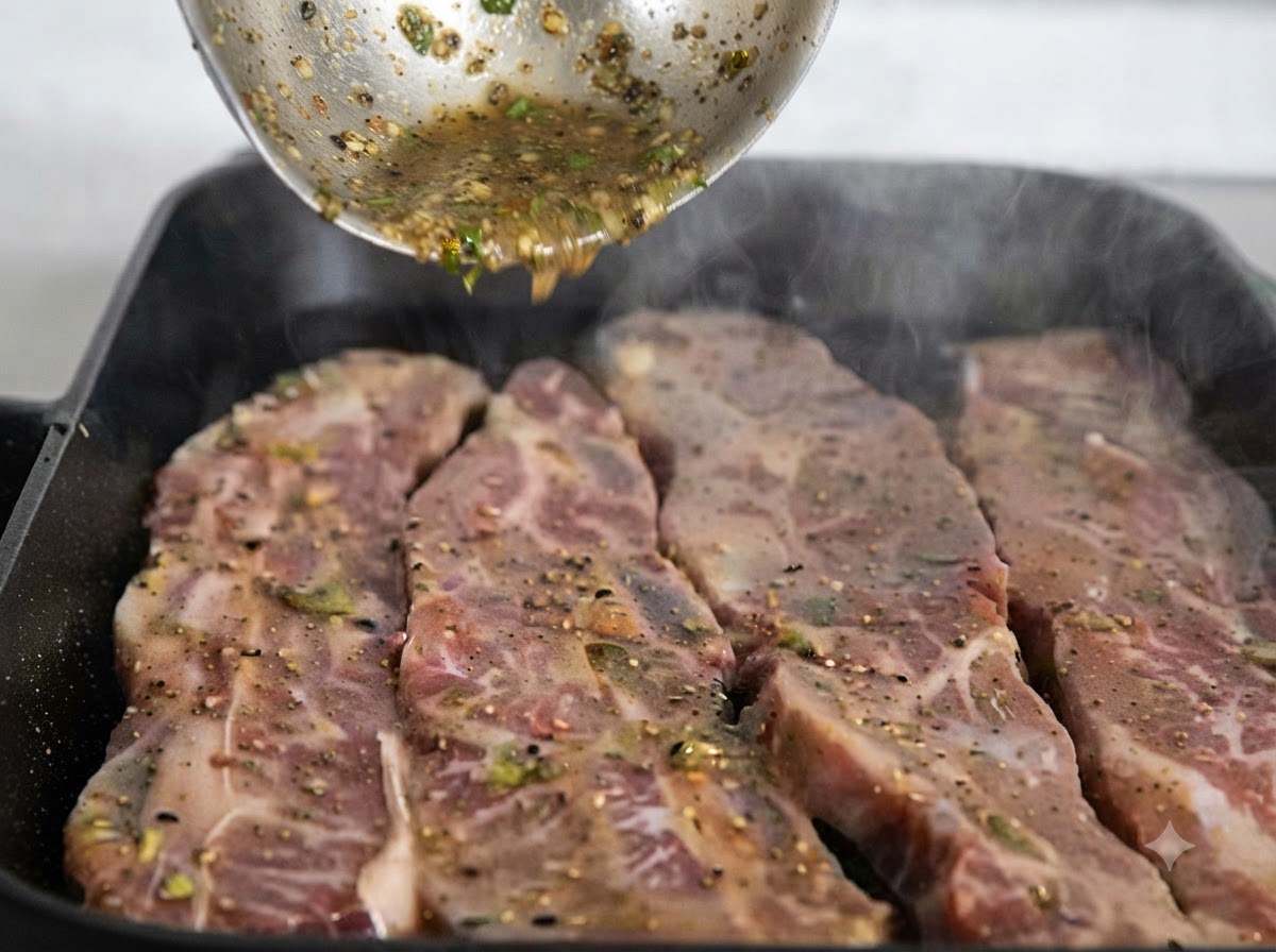 Additional marinade sauce being poured over the short ribs cooking in the pan.