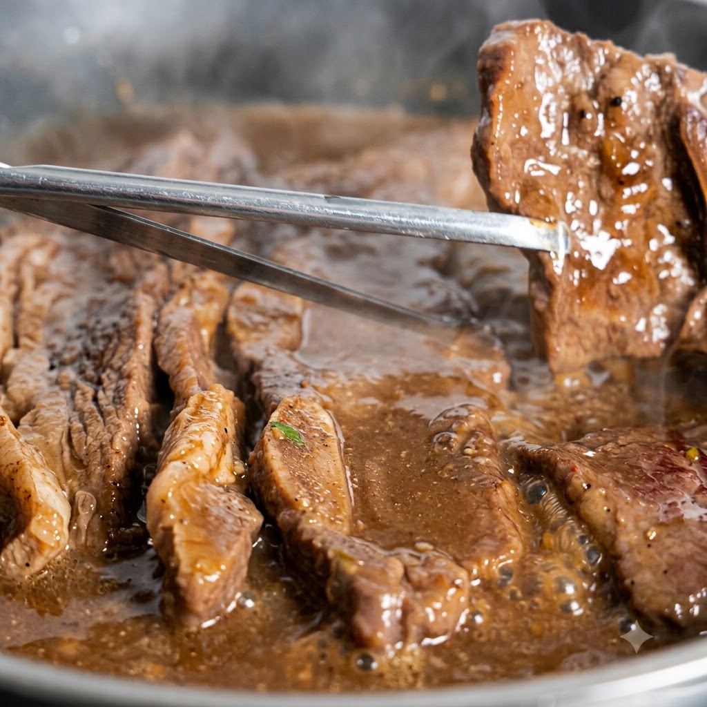 Cooked short ribs being cut with kitchen shears in the pan as the sauce reduces.