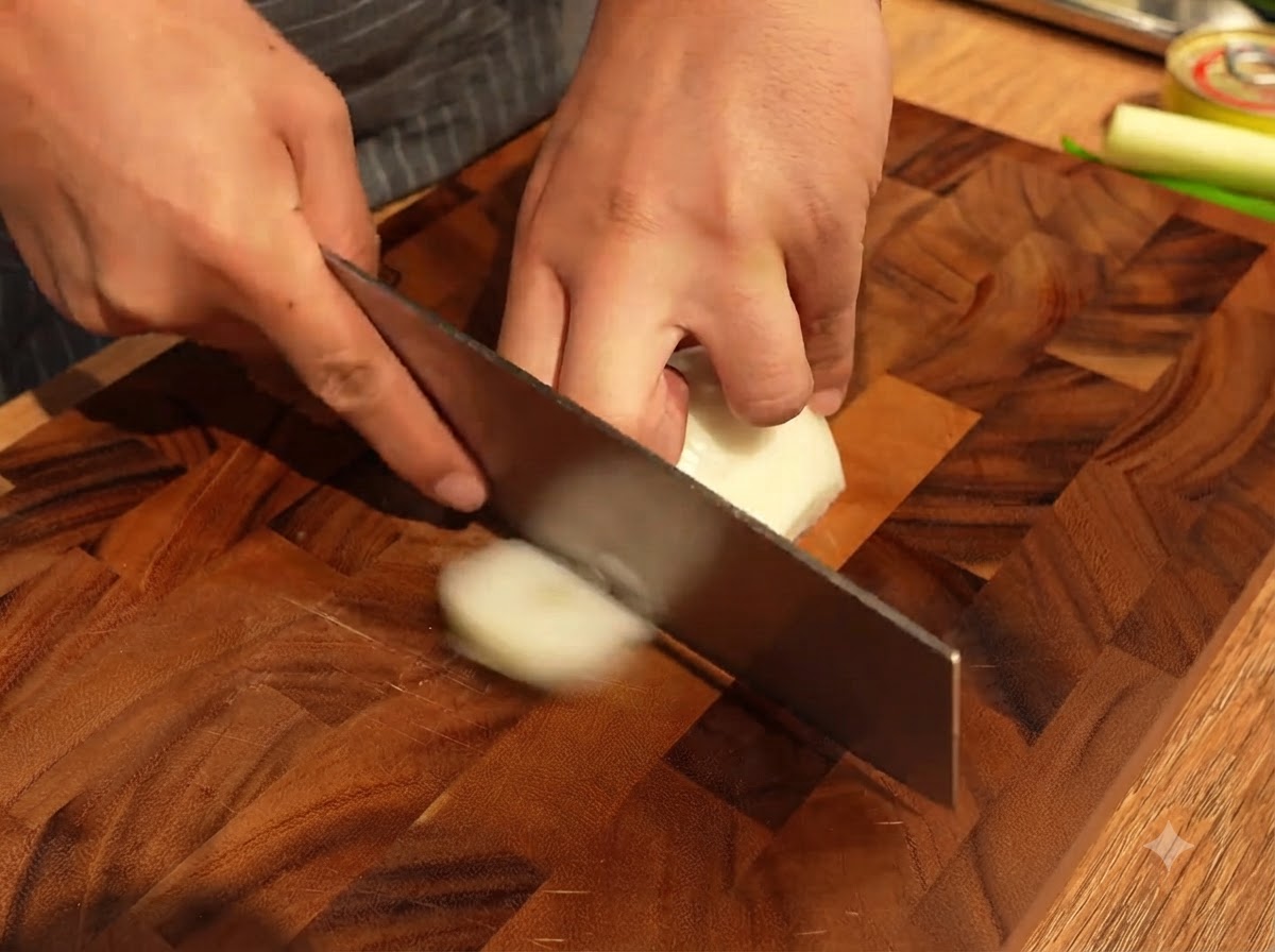 Slicing half a white onion into strips on a wooden cutting board with a cleaver.