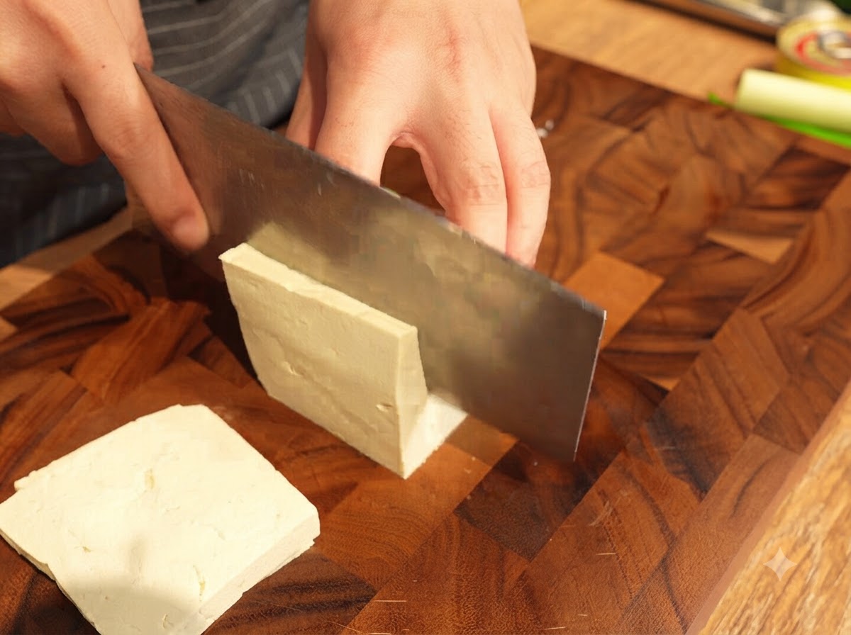 Cutting a block of firm white tofu into thick rectangular slices.