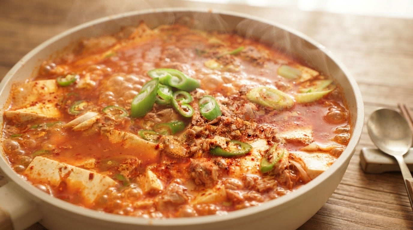 A shallow pan of bubbling Korean braised tofu, featuring thick tofu slices and tuna chunks in a vibrant red chili broth topped with fresh green chilies.