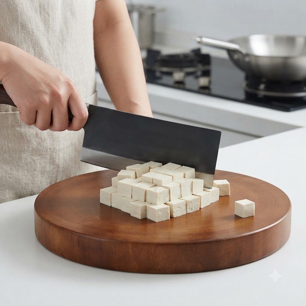 A block of white tofu being cut into small cubes with a kitchen knife on a wooden cutting board.