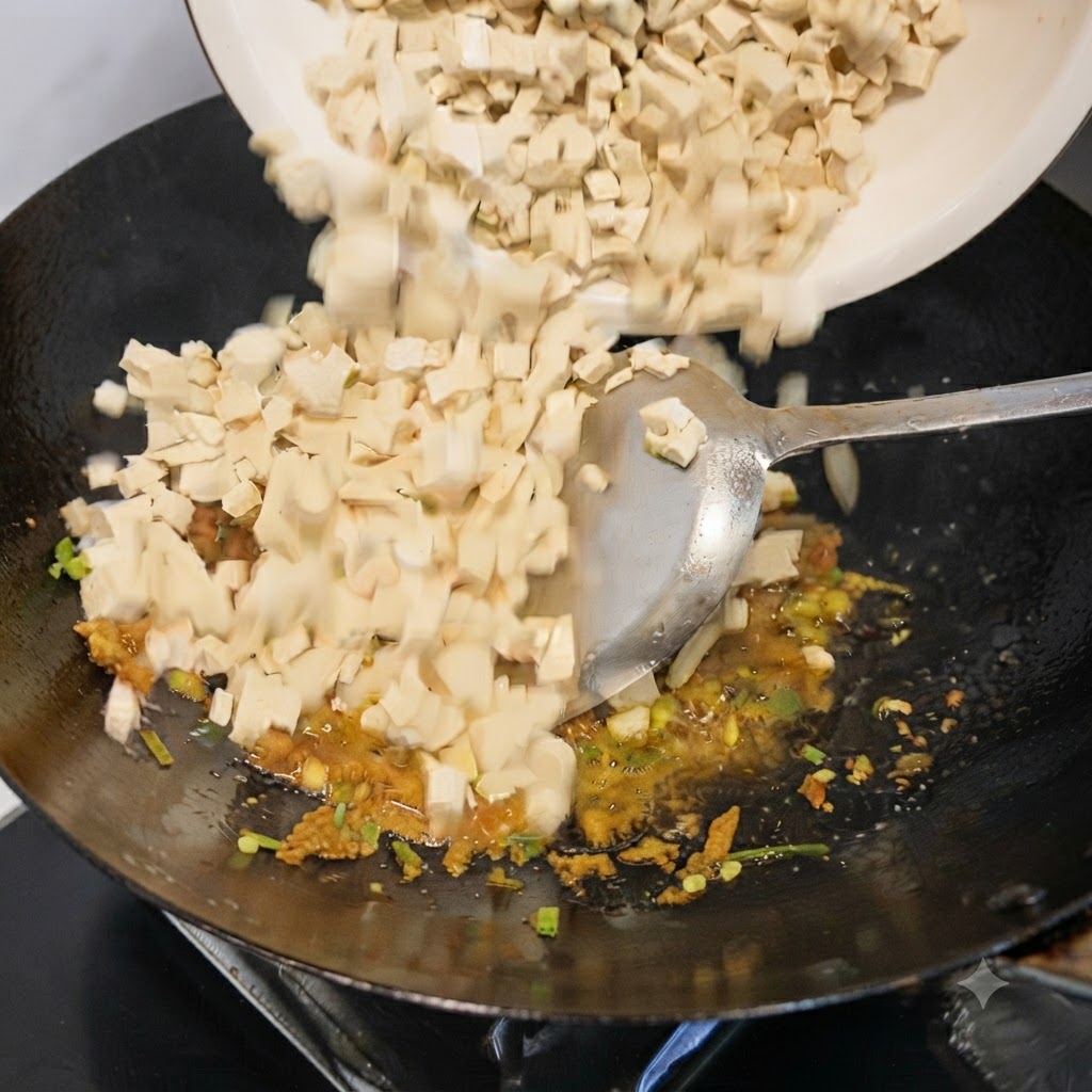 Diced tofu being poured from a white bowl into a wok containing cooked aromatics.