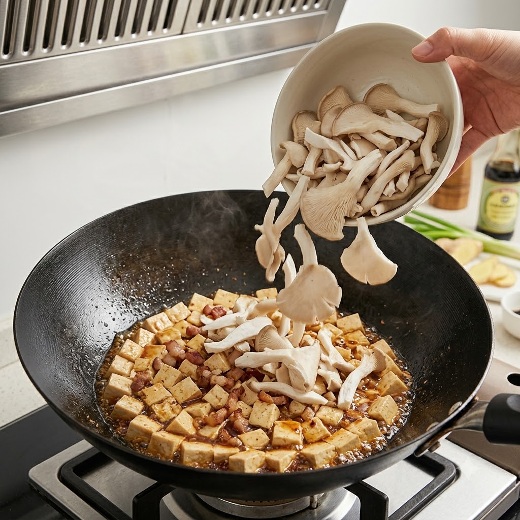 Sliced oyster mushrooms being added from a bowl into a wok filled with tofu and pork bits.
