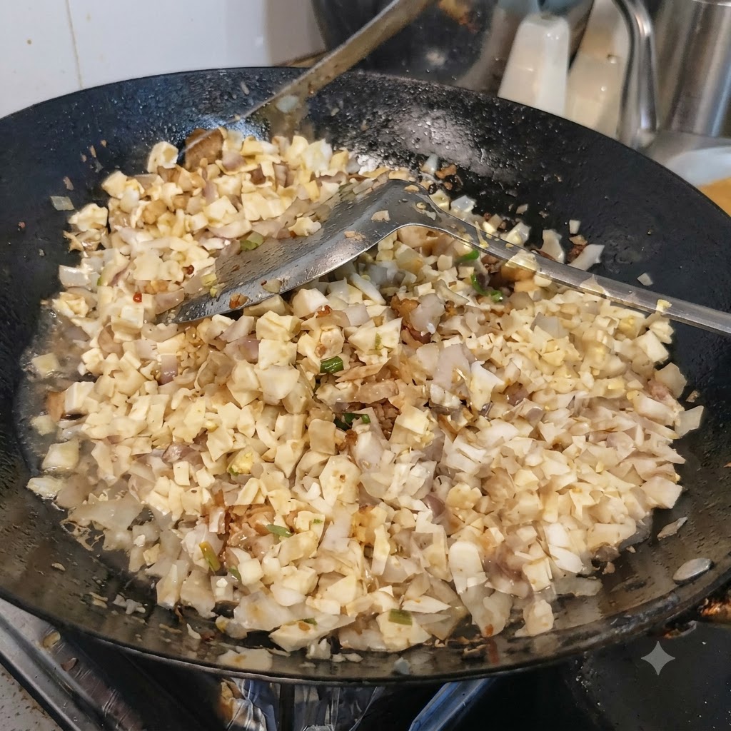 Salt being added to the mixture of diced tofu and oyster mushrooms in a wok.