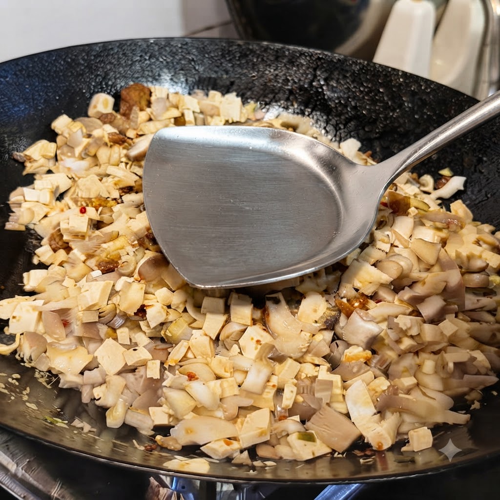 Water being poured into a wok containing diced tofu and mushrooms.