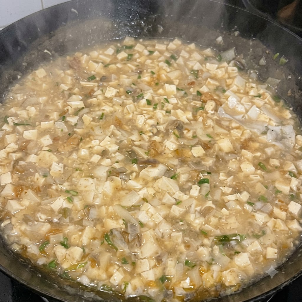 Cornstarch slurry being poured into the bubbling soup to thicken it.