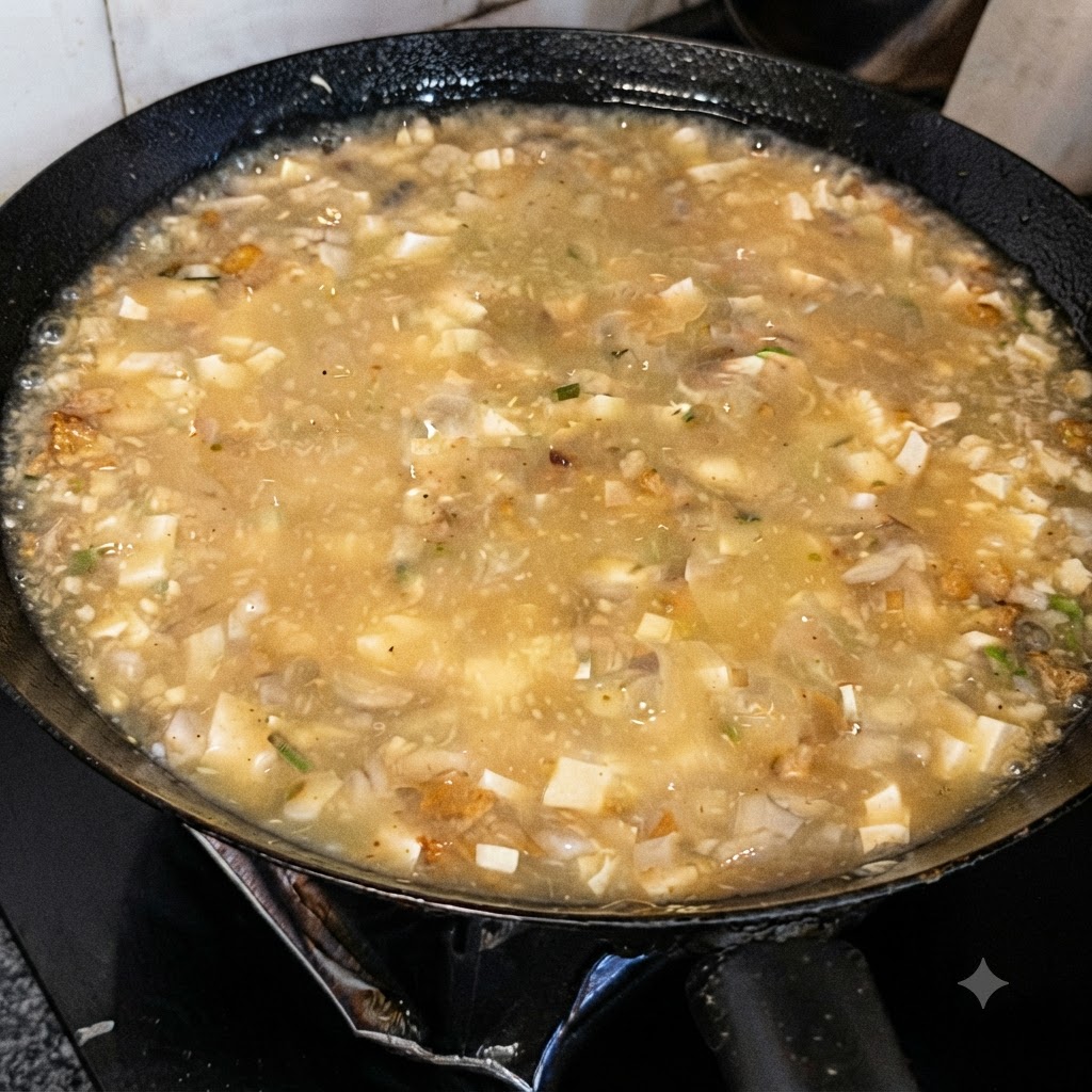 White pepper powder being sprinkled over the surface of the soup.