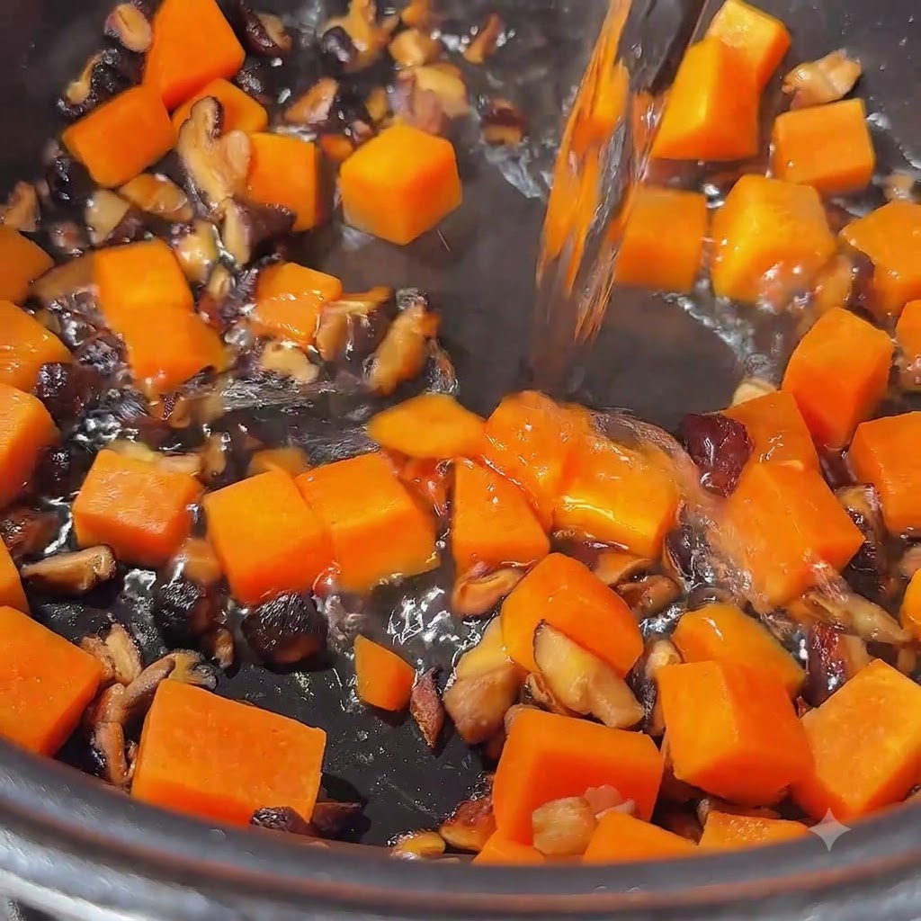 Boiling water being poured into the pot containing sautéed carrots and mushrooms.