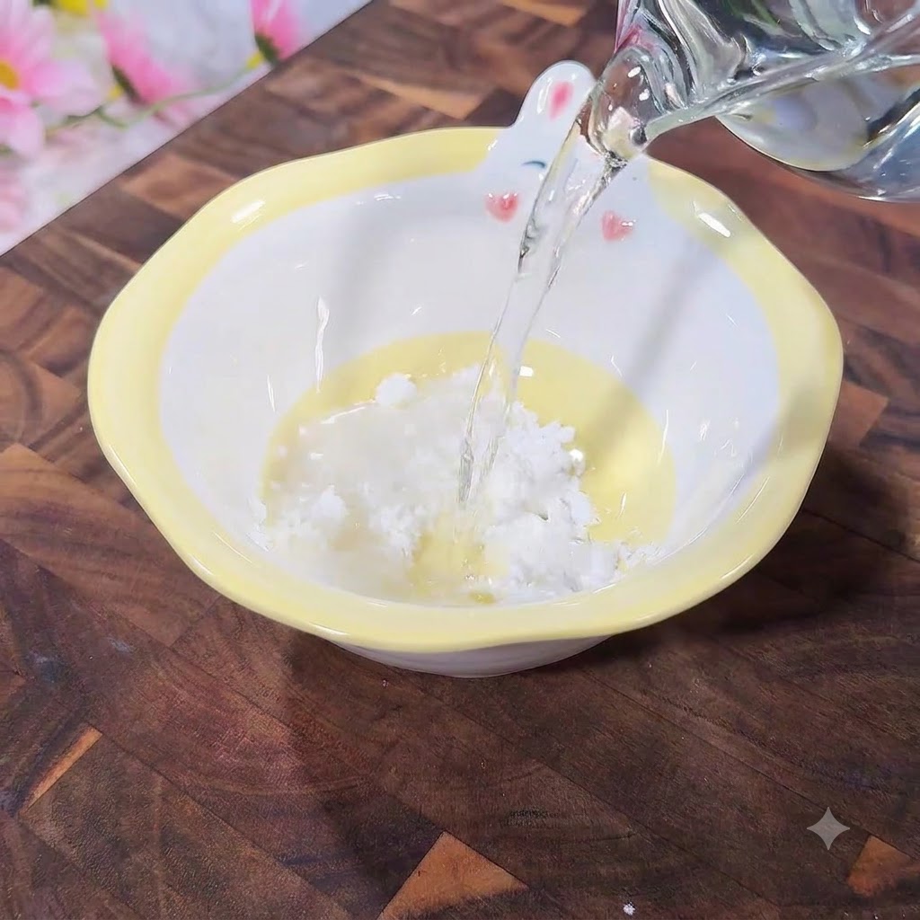 Water being poured into a yellow-rimmed bowl containing cornstarch powder.