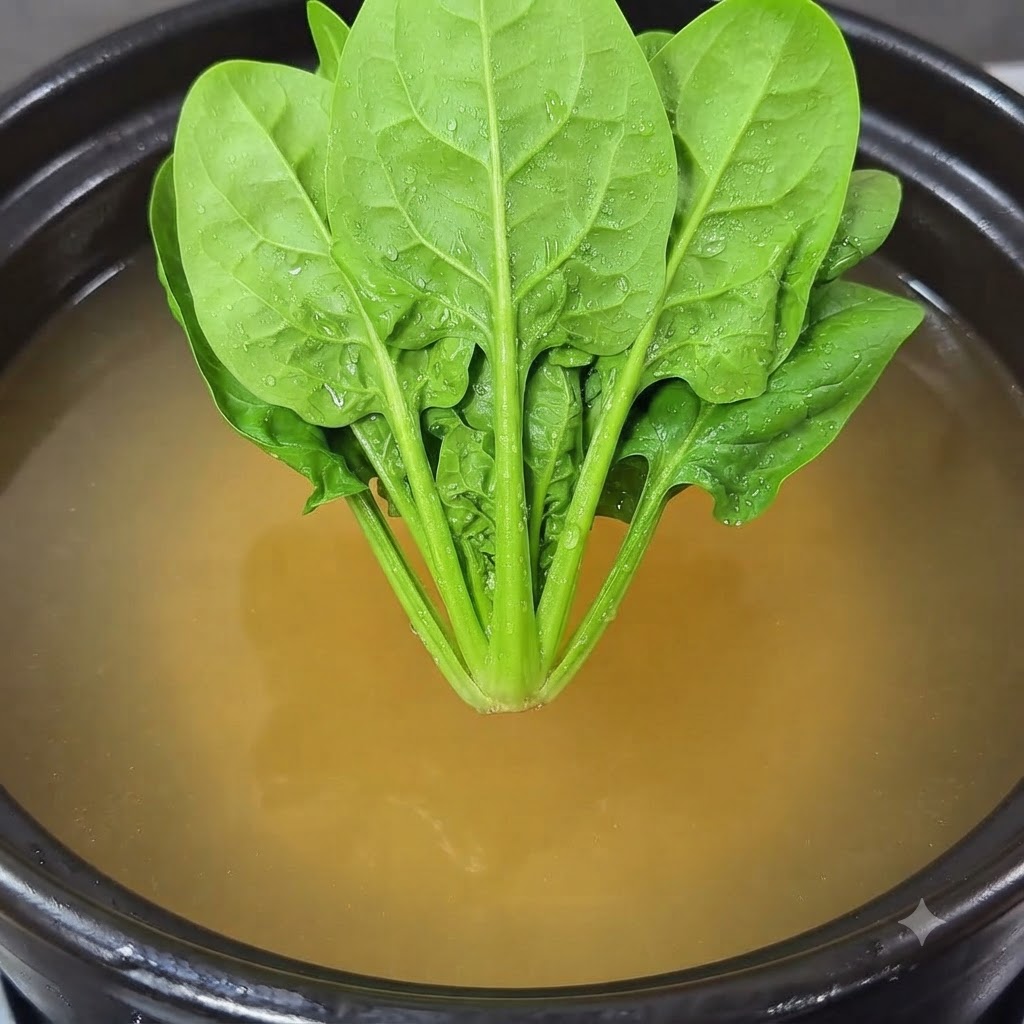 A fresh bunch of spinach leaves positioned over the cooking pot.