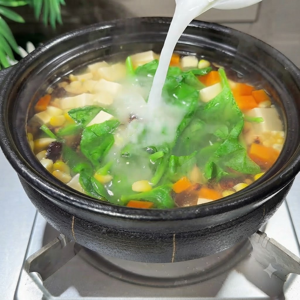 Cornstarch slurry being poured into the simmering pot with vegetables and greens.