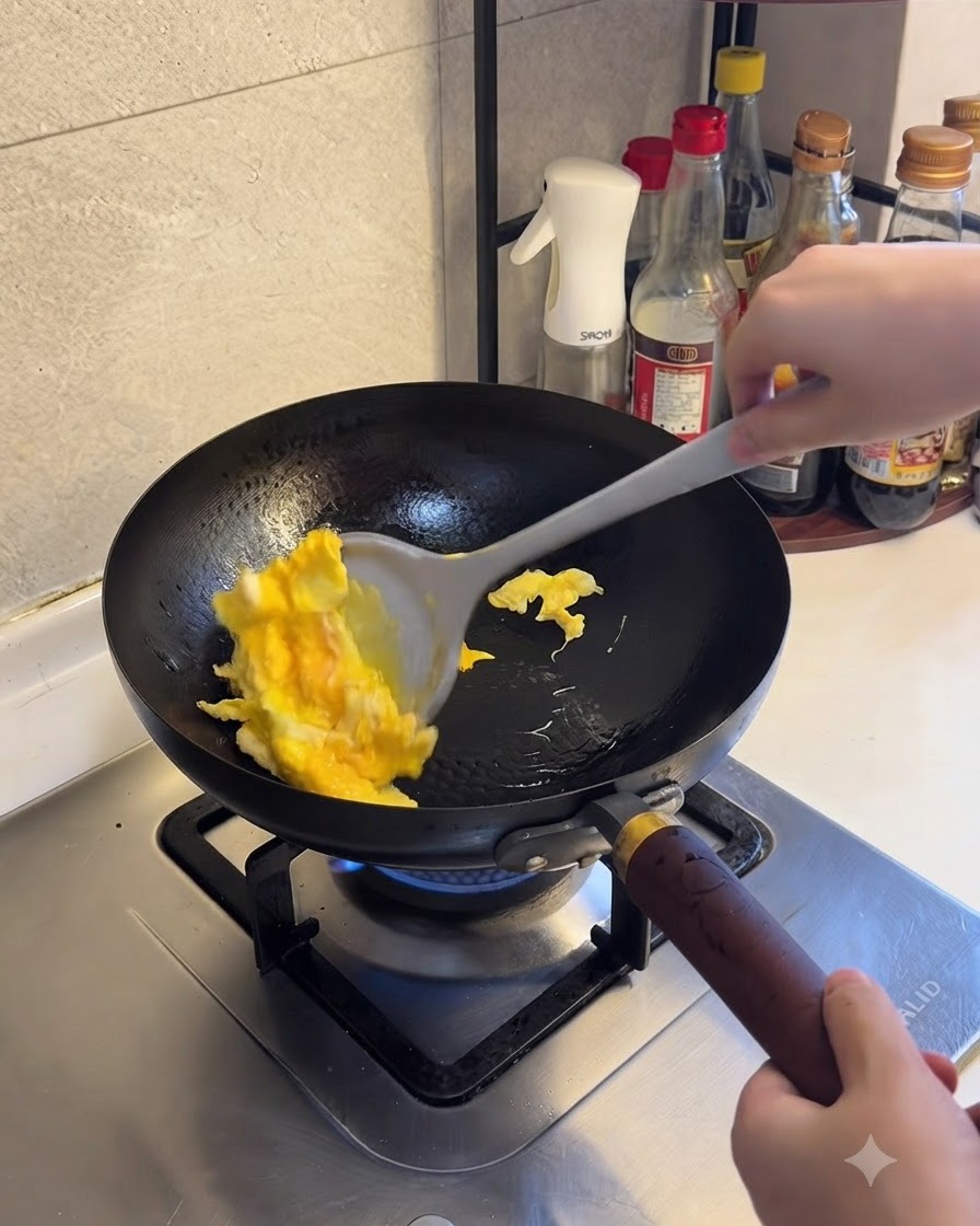 Cooked egg being broken into smaller pieces with a spatula in the pan.