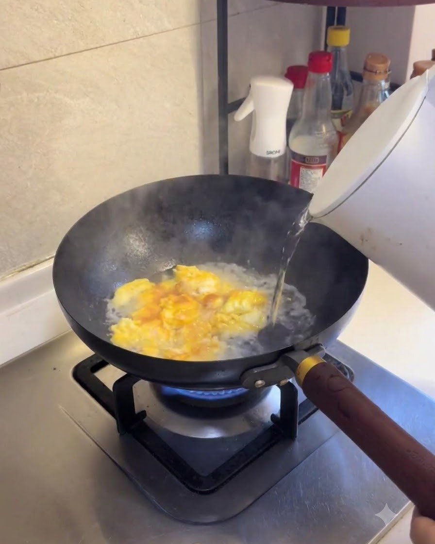 Hot water being poured into the pan over the cooked egg pieces.