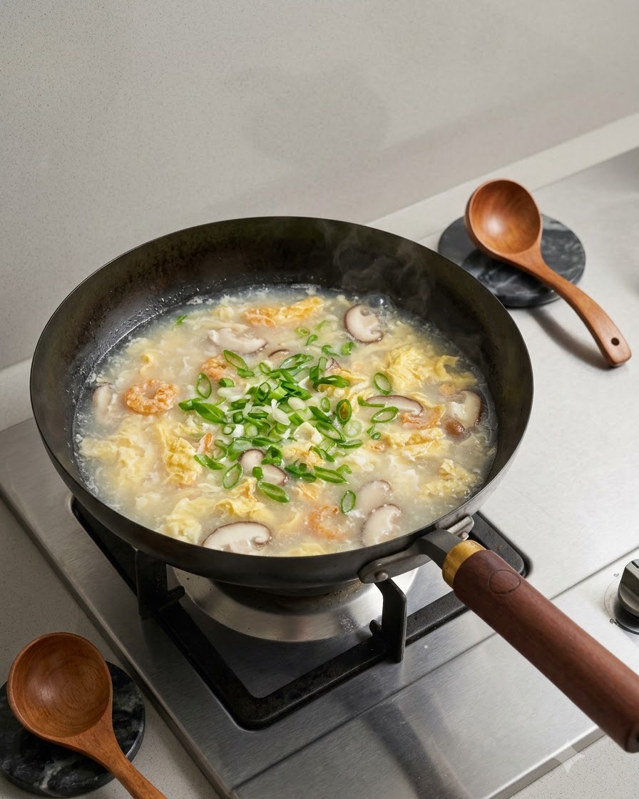 Chopped green onions being added to the finished soupcite: 1.