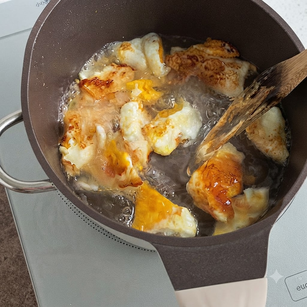 Boiling water vigorously bubbling over golden pieces of fried egg in a pot while being stirred.