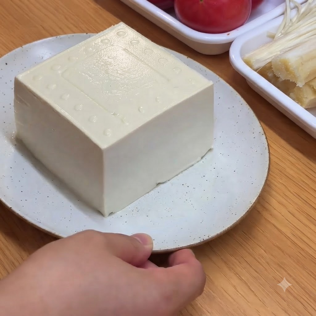 A block of soft white tofu being sliced into small rectangular cubes on a white plate.