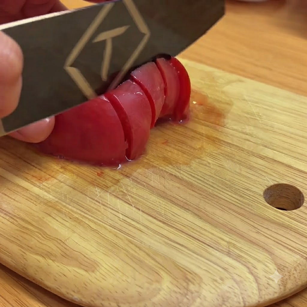 Red tomatoes being sliced into small pieces on a wooden cutting board with a knife.