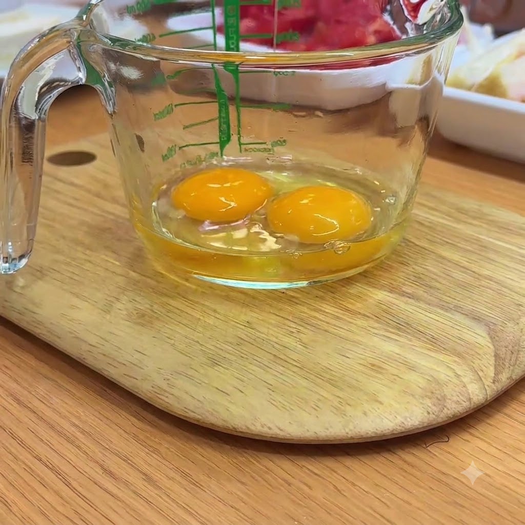 Two raw eggs inside a clear measuring cup being beaten thoroughly with chopsticks.
