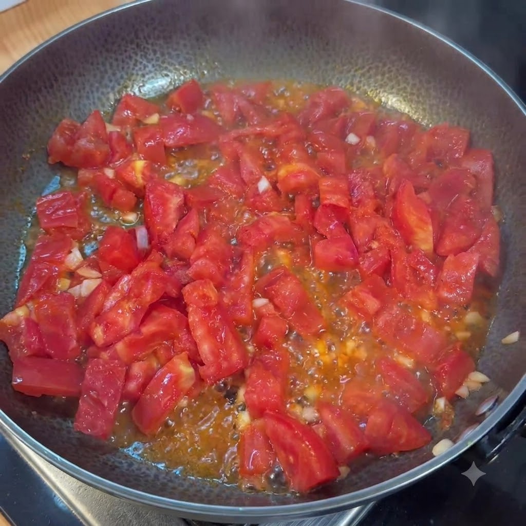 Chopped tomatoes cooking down into a pulpy, juicy state in a pan after being salted.