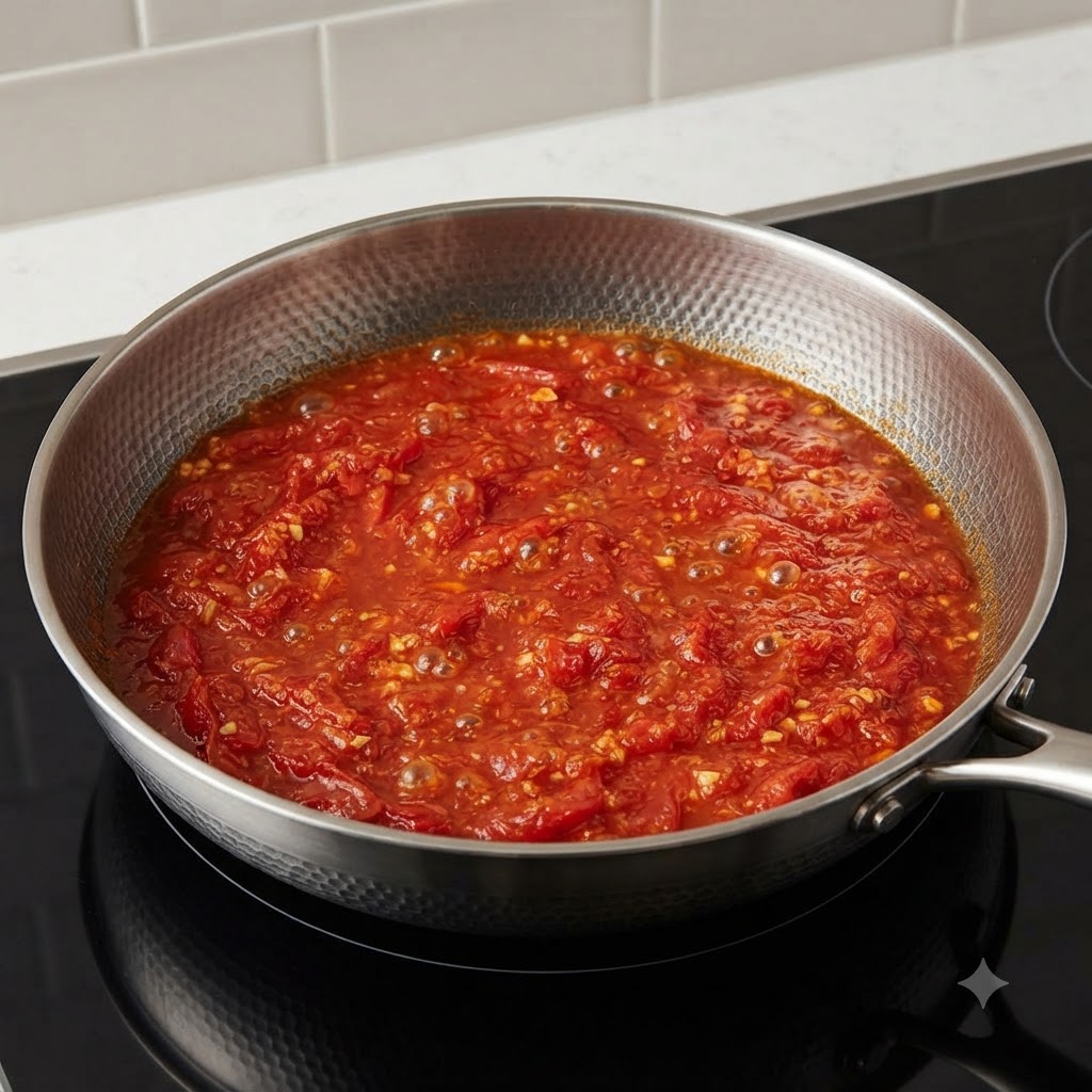 Water poured into a pan with a rich cooked tomato base, bubbling on the stove.