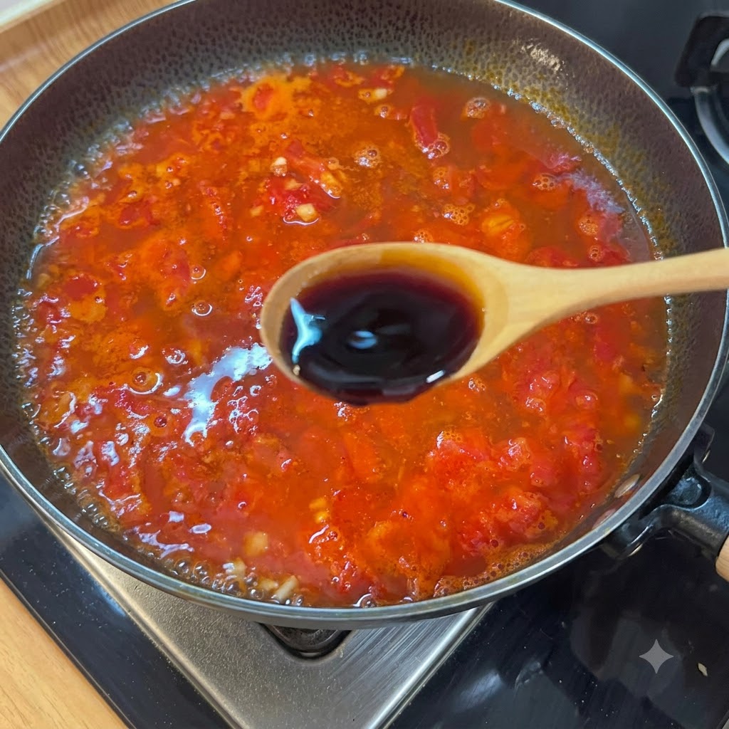 A wooden spoon adding light soy sauce into a simmering pot of tomato soup base.