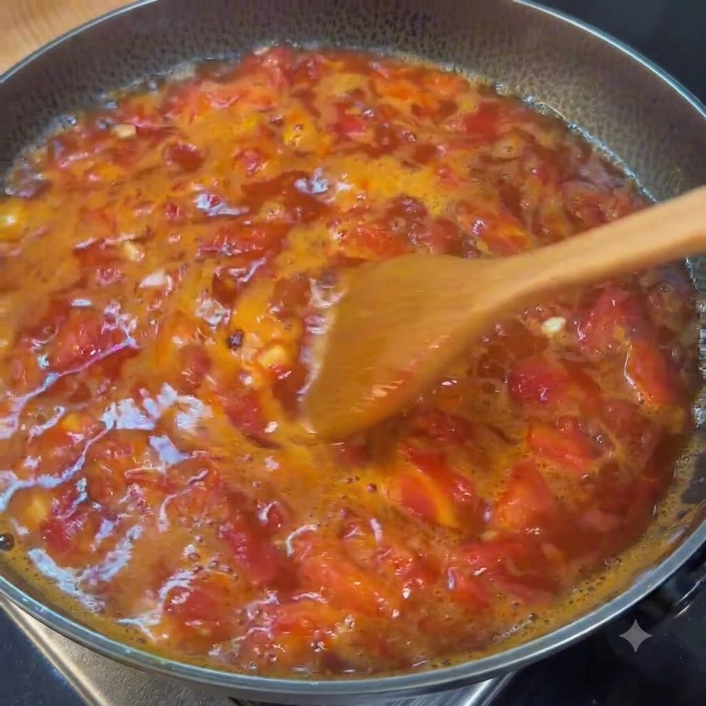 Fresh enoki mushrooms being added into a bubbling pot of tomato soup.