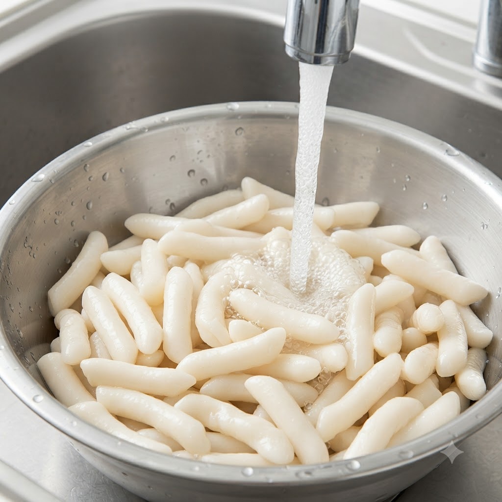 Rice cakes being thoroughly washed in a metal bowl beneath a running tap.